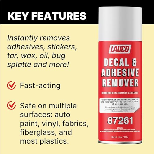 LAUCO Decal & Adhesive Remover – 13 oz Aerosol Spray – Removes Stickers, Tar, Wax, Oil, Bugs, Sap – Safe on Cured Paint, Vinyl & Fabrics – Single & Multi-Pack Options [87261]