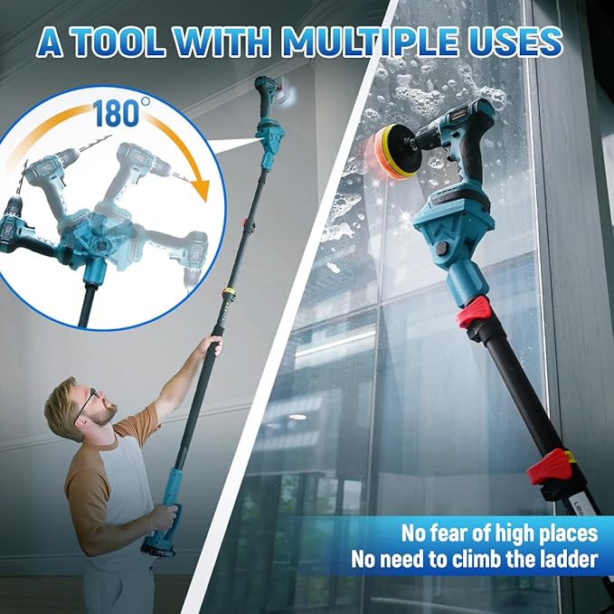 Cordless Telescoping Power Drill&Cleaning Tools with 1-Max 20V Battery and 2.0A Charger.2-in-1 Cordless Pole Drill and Cleaning Brush with 10Pcs Drill Bits and 7Pcs Drill Brush(Jovant)