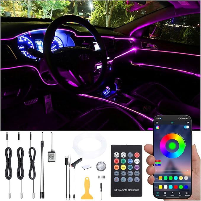 Car Interior Strip Lights, 3 in 1 Multicolor RGB Car Ambient Lighting Kit, 4m Fiber Optic EL Neon Tube Light, DIY Mode Music Sync RF Remote Control + APP Control DC 12V