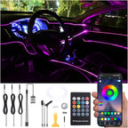 Car Interior Strip Lights, 3 in 1 Multicolor RGB Car Ambient Lighting Kit, 4m Fiber Optic EL Neon Tube Light, DIY Mode Music Sync RF Remote Control + APP Control DC 12V