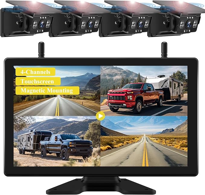 VEKOOTO VK101 4 Magnetic Solar Wireless Backup Camera with 10.1'' Touchscreen Monitor, 15,800mAh Rechargeable, No Wiring, HD1080P Night Vision Wireless Backup Camera for Trucks, RV, Trailer, Camper