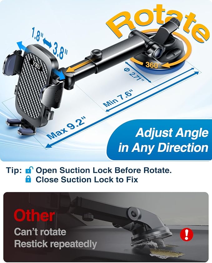 YRU True Military-Grade [360° Rotation Suction] 2026 Ultimate Car Phone Holder Mount 【90+LBS Safest Strongest & Patent Certs】 Dash Windshield Vent for iPhone 17 16 Pro Max Speaker Stands, Gloss Black