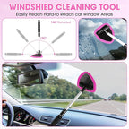 Pink Windshield Cleaner Tool, Car Interior Cleaning Kit with Extendable Handle and 3 Reusable Microfiber Pads, Auto Glass Wiper and Detailing Brush Kit for Car & Home Window