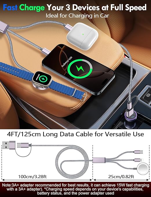 Travel Essentials for Apple Watch Charger,iPhone Charger,3 in 2 Type C/L/Magnetic Fast Charging Cable,Multi Charging Cable Portable Designed for iWatch Series,iPhone 17-11,Galaxy S26-S21,Car-5FT