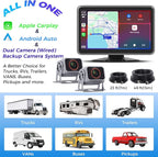 Truck RV Camera System with CarPlay & Android Auto,10'' Touch Screen Monitor with Recording & Voice Control & Navigation, 2 HD1080P Wired Rearview Backup Camera for Semi Trucks, RVs, Trailers
