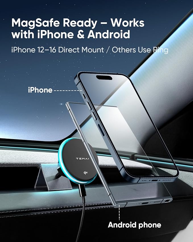 TEMAI Car Mount Charger, 15W MagSafe Wireless Car Charger & Phone Holder for Model Y Juniper(2025)- Strongest Magnetic Fast Charging Accessories Slideable Air Vent Mount with Silicone Pads