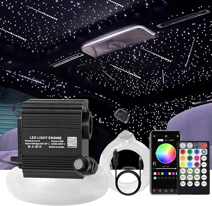 Starlight Headliner Kits for Car, Twinkle & Meteor 2-in-1 Light Engine, 450pcs 0.03in 9.8ft RGBW Fiber Optic Lights Star Ceiling Sky Decoration for Car/Home, White Shooting Stars 12W Starlight kit