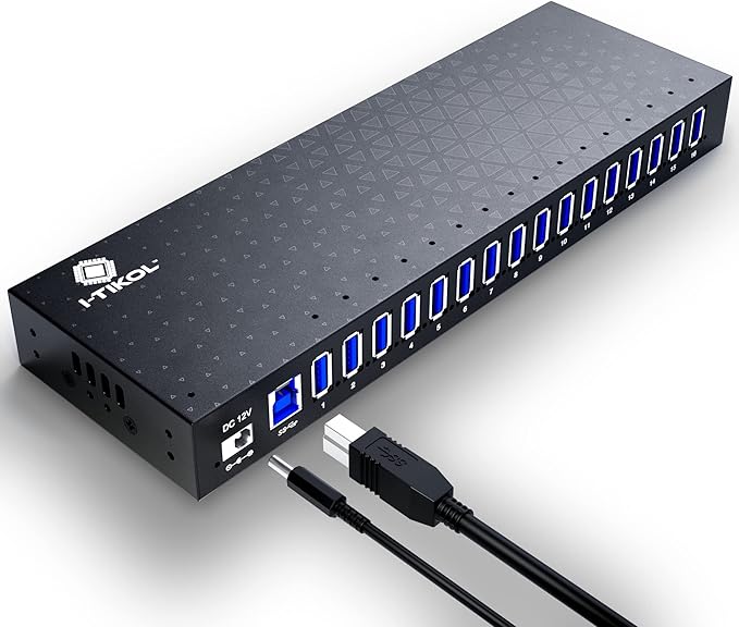 USB 3 0 Hub - 16 Ports Powered USB Hub - Desktop USB Expander Hub - up to 5Gbps High-Speed USB Splitter for Multiple Devices - Aluminum Alloy Multiple USB Hub w/AC Adapter for Laptop Phone Tablet PC