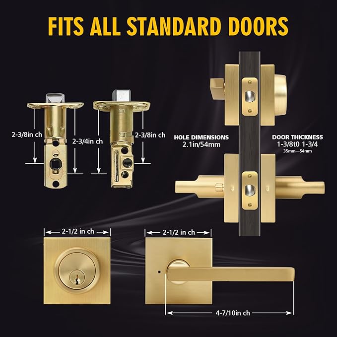 Cielsa Dawn Gold Heavy Duty Privacy Lever Door Handle and Single Cylinder Deadbolt Lock and Key Combo Pack - Locking Lever Set for Left or Right-Handed Doors - Exterior Door Levers - Satin Brass