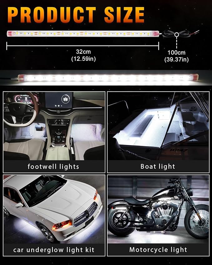 Qasim 12V Led Light Strip Waterproof 32CM White Golf Cart Underglow Led Lights for Car Motorcycles Boat Navigation Interior & Exterior-Pack of 6