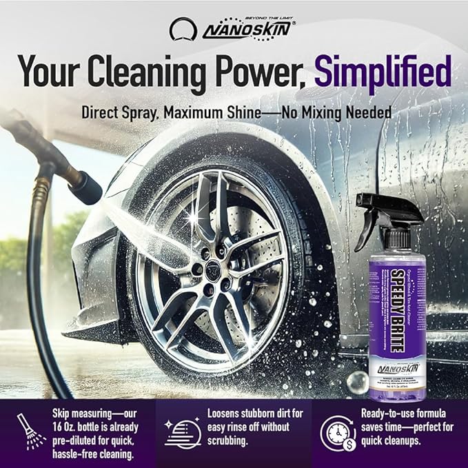 Nanoskin SPEEDY BRITE Pro Grade Wheel & Tire Acid Cleaner, 16 Oz. - Chrome & Coated Wheel Safe, Cleaning with Organic Acid | Removes Brake Dust & Road Grime for Auto Detailing, Body Shop Safe