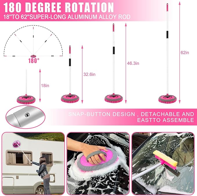 Pink 62" Car Wash Brush with Long Handle,Chenille Microfiber Car Wash Mop Sponge Mitt ,Windshield Window Squeegee,Wheel Brush,Car Detailing Brushes,Car Duster,Towel,Car Cleaning Kit for Cars RV Truck