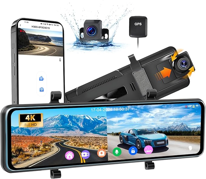 4K Mirror Dash Cam 11 Inch Front and Rear View Dual Cameras, 2024 Front 4K+Rear 1080P IPS with GPS, Night Vision, G-Sensor, 24H Parking Monitor/Assistance, ADAS&BSD&LCA+APP Control