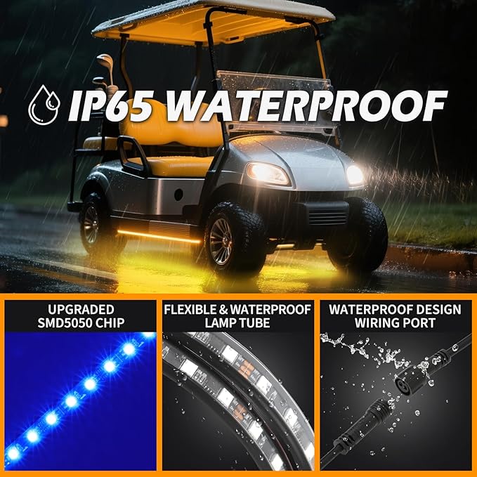 4PCS Golf Cart Underglow LED Light Strip Dream Color Neon Accent Lighting Kit APP/Remote Control Sound Active Music Sync Waterproof 12V-65V Input Compatible with EZGO Yamaha Club Car