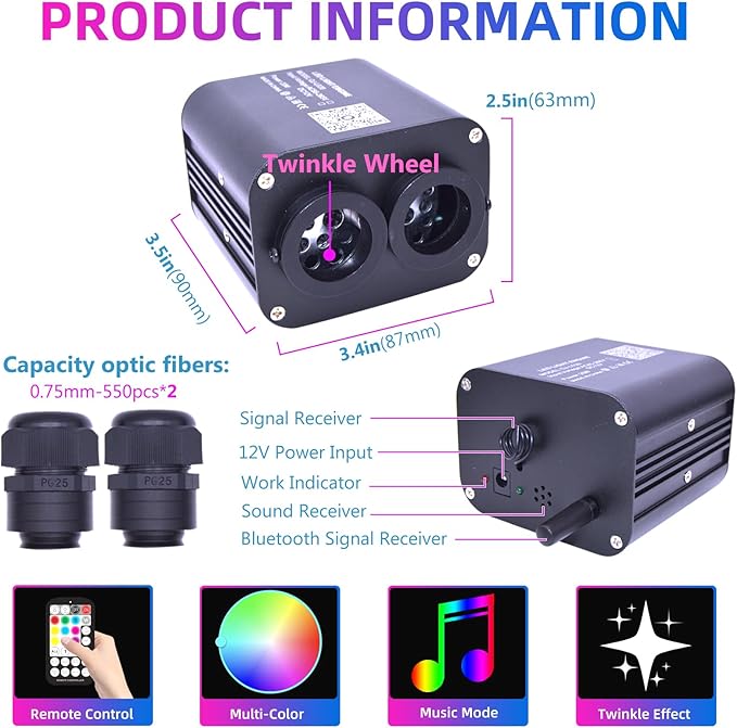 Dual Color Twinkle Starlight Headliner Kit 1100 Piece Starry Night Star Lights Ceiling 2 Color RGBW Bluetooth App Control Music Mode Fiber Optic Lights for Car 13.1ft/4m