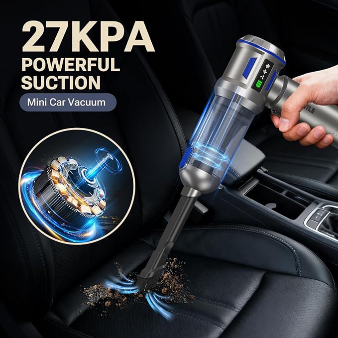 Yomile Mini Vacuum Cleaner, 2 in 1 27000PA Brushless Car Vacuum Air Duster 9000mAh Battery Air Blower Wireless Handheld Vacuum for Car,Office and Home (Blue)