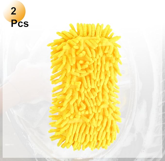 HARFINGTON 2pcs Car Wash Sponge 8.7" x 4.3" Chenille Microfiber Mitt Scratch-Free Absorbent Scour Scrubber Cleaning Sponge for Washing Detailing on Cars, Trucks, SUV, Boats, RVs, Yellow