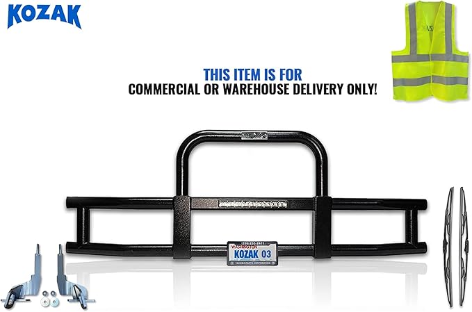 KOZAK Compatible with Freightliner Cascadia 2018+ Front Grille Deer Moose Brush Guard - Black Finish w/Built-in 16" LED Bar PLUS Mounting Brackets, Logo, License Plate Holder and Frame, Wipers, Vest