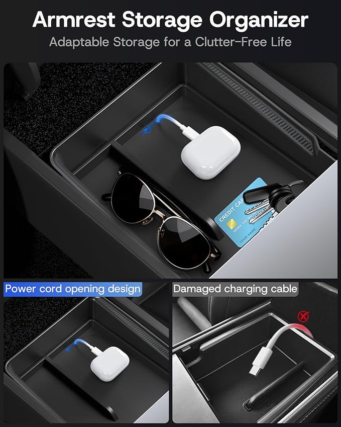Center Console Organizer Tray for Tesla Model Y Juniper 2026 2025 (Premium & Performance), 8PCS - PC Material & Silent Silicone Armrest Storage Box Bottom Liners Wireless Charging Pad Cup Holder