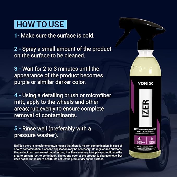 Vonixx Izer Iron Remover Spray | pH-Neutral, Non-Acidic Formula | Easy Application | Reduced Odor Formula | Keep Your Vehicle Looking Like New | Car detailing supplies | 16.9 fl oz (500 ml)