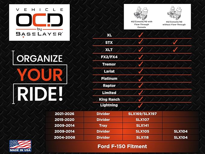 Vehicle OCD - Center Console Organizer for Ford F150 (2004-2008) (Floor Shift w/Bucket Seat Only) - Made in USA - SLX118