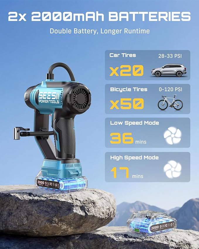 SEESII 2-IN-1 Tire Inflator & Car Vacuum with 2×2000mAh Batteries, 150PSI Rapid Portable Air Compressor, 20000Pa Suction, 21V Cordless Air Pump, Digital Gauge, LED Light for Car, Ball, Bike, Home