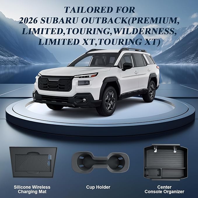 BIBIBO 3Pack for 2026 Subaru Outback Center Console Organizer 2026 Subaru Outback Console Armrest Tray+Cup Holder +Wireless Charging Mat 2026-Outback Insert Organizer Tray