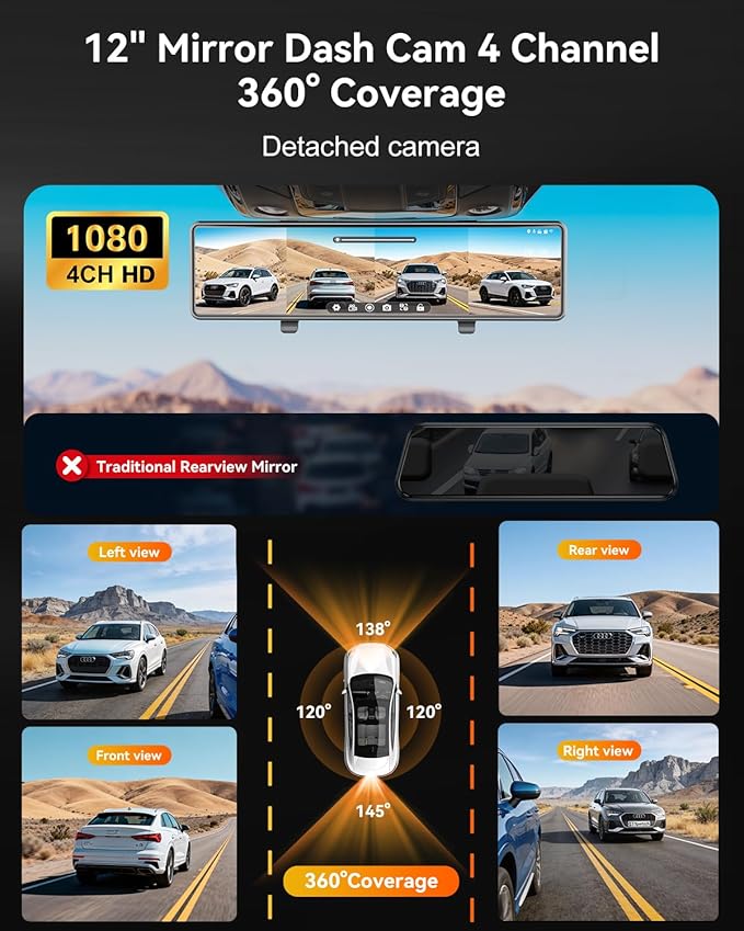 Rear View Mirror Camera,4 Channel Mirror Dash Cam Front and Rear Inside,12" Touch Screen Dash Cam, Backup Camera for Car, 7/24 Parking Monitor,Included Free 128GB SD Card