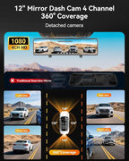 Rear View Mirror Camera,4 Channel Mirror Dash Cam Front and Rear Inside,12" Touch Screen Dash Cam, Backup Camera for Car, 7/24 Parking Monitor,Included Free 128GB SD Card