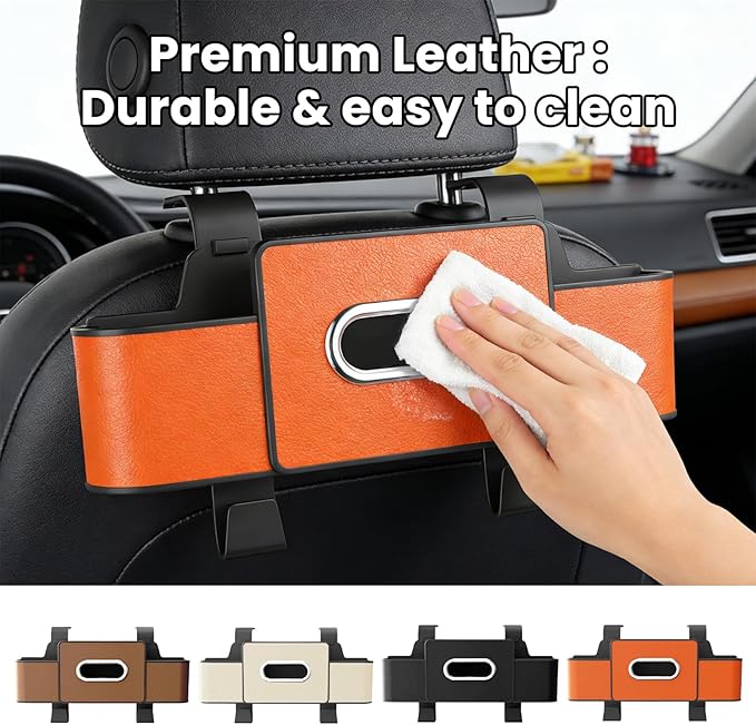 Multifunctional 3‑in‑1 Car Seat Back Storage Box Organizer with Cup Holders, Tissue Box Slot & Headrest Hooks – Backseat Car Organizer for Phones, Snacks, Drinks, Bags, Travel Storage (Orange)