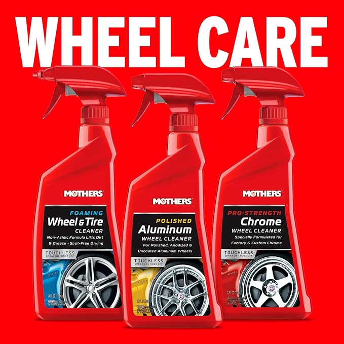Mothers Foaming Wheel & Tire Cleaner, 24 oz. – Foaming Action Lifts Brake Dust & Grime, Safe for Factory-Coated Wheels, Restores, Cleans, Finishes Fast, Spot-Free Rinse (05924)