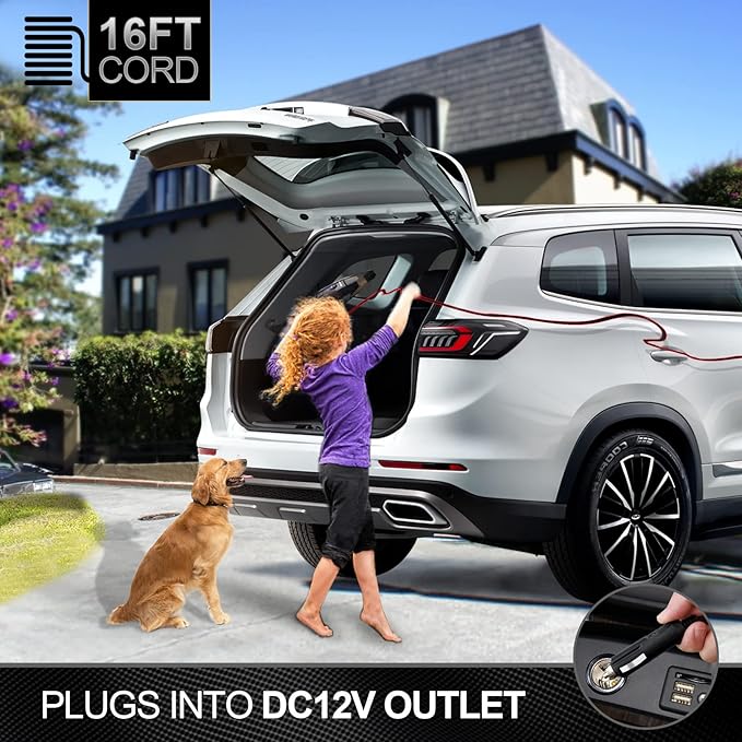Car Vacuum Cleaner, 12V/106W High Power Handheld Portable Car Vacuum with 16 Ft Cord, Attachments, Filters and Storage Bag, Suitable for Car (Red Button)