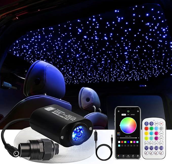 Small Size 500pcs Fiber Optic Star Lights for Car Ceiling, 6W Starlight Headliner Kit with Twinkle Effect, Sound-Activated APP& Remote Control RGBW Starlight Engine for Car Home 9.8ft*0.03in