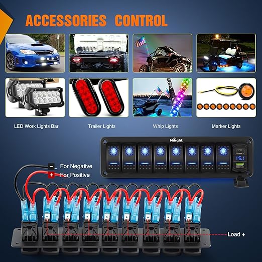 Nilight 8 Gang Rocker Switch Panel with PD Type C and USB Charger Voltmeter 12V SPST ON Off Toggle Switches w/Blue Backlit Waterproof Aluminum for Boats Cars RVs Trucks