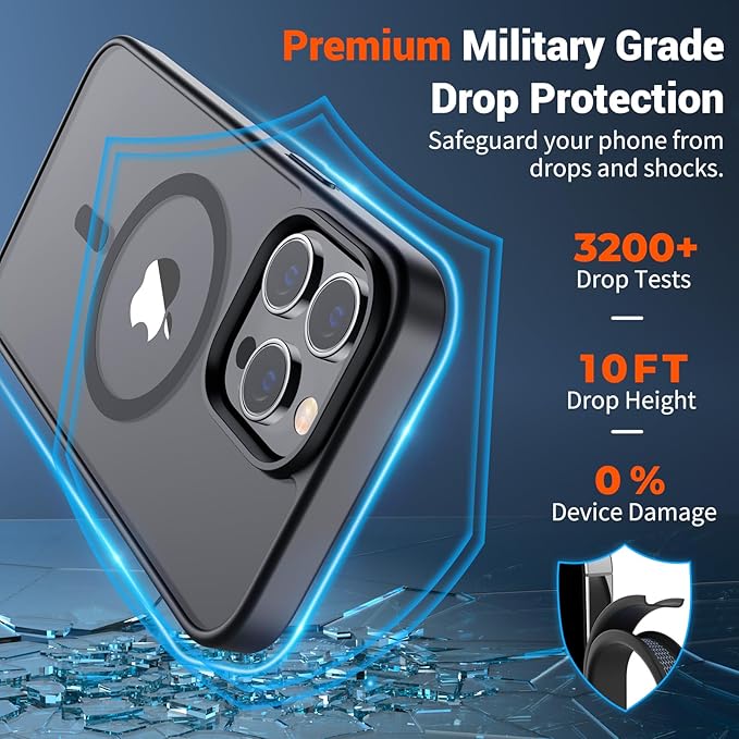 SUPFINE Magnetic for iPhone 14 Pro Max Case (Compatible with MagSafe) (Military Grade Drop Protection) Translucent Matte Shockproof Phone Cover,Black