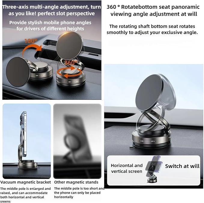 Vacuum Magnetic Car Phone Holder 361° Adjustable Foldable Portable Magnetic Phone Holder for Car for Car/Gym/Mirror/Smooth Surface Suction Cup Phone Mount Compatible for All Smartphones (Black)