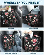 Capolo Car Trash Can with Lid, Leakproof Car Trash Bag Hanging Waterproof Automotive Garbage Can with Storage Pockets Mini Vehicle Trash Bin for Back/Front Seat(Flower,2.5 Gallon)