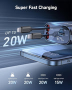 iPhone Car Charger 4 in 1 Fast USB Car Phone Charger 20W Double Lightning Retractable Cables 31.5 Inch and 2 USB Ports Car Charger Adapter for iPhone 17/16/15/14/13/12 Pro Max/XR/XS,Samsung,Pixel,iPad