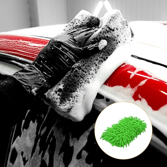 HARFINGTON Car Wash Sponge 8.7" x 4.3" Chenille Microfiber Mitt Scratch-Free Absorbent Scour Scrubber Cleaning Sponge for Washing Detailing on Cars, Trucks, SUV, Boats, RVs, Green