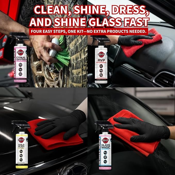 Renegade Essential Cleaning Bundle – Complete Car & Truck Detailing Kit with 4 Sprays, Microfiber Towels & Wheel Brush – Interior & Exterior Cleaner Set