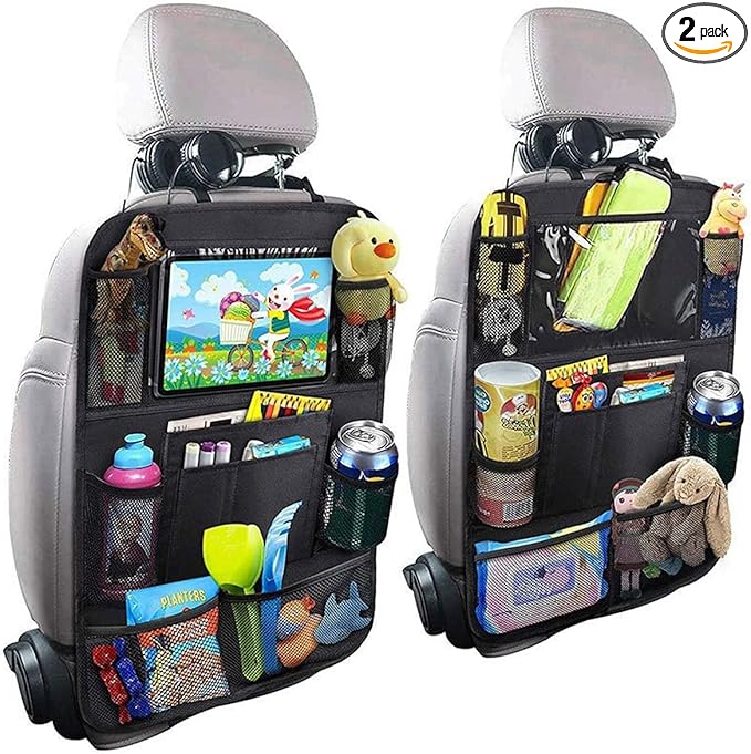 ZIMISI Car Backseat Organizer, Oxford Cloth Kick Mats Back Seat Protector with 9 Pockets & Clear Tablet Holder, Universal Waterproof Car Road Trip Essentials Storage Accessory (2PCS)