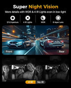 GKU 4K 3 Channel Dash Cam Front and Rear Inside, 3" IPS Screen, 5.8GHz WiFi Dash Camera for Cars, Built-in GPS, G-Sensor, 64GB Card Included, 24H Park Mode