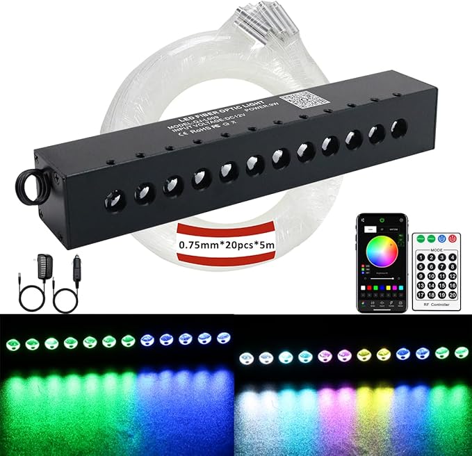 AZIMOM RGB 12LED Meteor Shooting Star Kits 240pcs 0.03in 16.4ft Colorful Shooting Star Fiber Optic Meteor Kits for Car Home Roof Ceiling