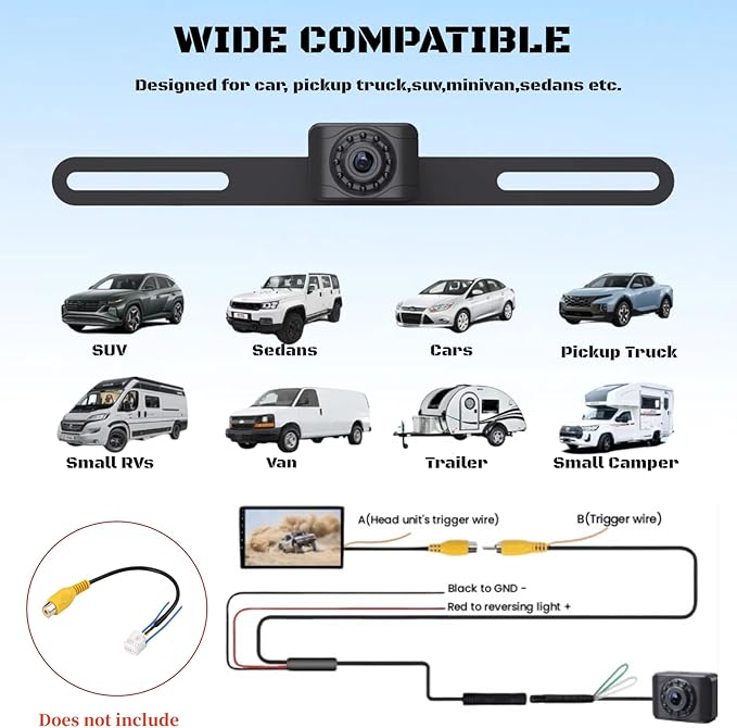 X1 Ntsc Backup Camera for Car License Plate Reverse Cam, IP69 Waterproof Rearview Camara de Reversa de Auto Clear Night Vision, 149 Degree Wide View Angle - NTSC 12V