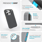 Speck iPhone 15 Pro Case - Drop Protection, Grip - Scratch Resistant, Soft Touch, 6.1 Inch Phone Case - Presidio2 Grip Charcoal Grey/Cool Bronze/White