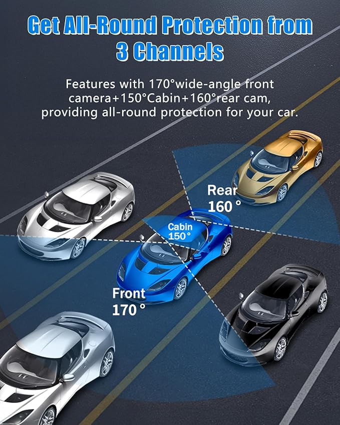 1080P Dash Camera for Car,3 Channel Dash Cam Front and Rear Inside G-Sensor, 3.16” IPS Screen, 24Hr Parking, 170°Wide Angle, Loop Recording, IR Night Vision (Dark Black)