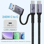 20Gbps Android Auto USB C Cable 2-in-1 [1ft, 2Pack] 240W Max USB 3.1 Gen 2 Fast Charge & Data Transfer USB C CarPlay Cable, Compatible with iPhone 16 15 Pro Max, Galaxy S23, Pixel 9 Pro XL