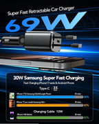 Retractable Car Charger,69W Car Phone Charger USB C Fast Charge,Cigarette Lighter USB Charger Car Accessories for Women,Road Trip Essentials Gift for Men,RV Power Adapter for iPhone 17/16/15/14,Galaxy