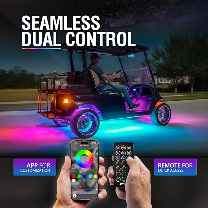 OPT7 Aura 12V DreamColor Underglow Chasing Lights for Golf Cart w/APP & Remote Control, Waterproof Rigid Aluminum Light Bar, Decorative RGB-IC Car LED Lighting Kit, EZGO Yamaha Club Car Universal Fit