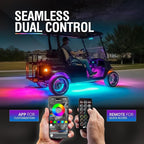 OPT7 Aura 12V DreamColor Underglow Chasing Lights for Golf Cart w/APP & Remote Control, Waterproof Rigid Aluminum Light Bar, Decorative RGB-IC Car LED Lighting Kit, EZGO Yamaha Club Car Universal Fit